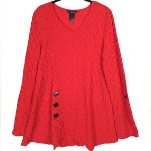 ali‎ miles Textured Woven V neck 3/4 Roll Tab Sleeve Tunic Top Red Orange MEDIUM